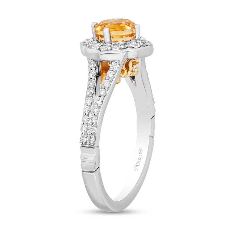 Main Image 2 of Enchanted Disney Belle Citrine and 1/2 CT. T.W. Diamond Floral Frame Split Shank Engagement Ring in 14K Two-Tone Gold