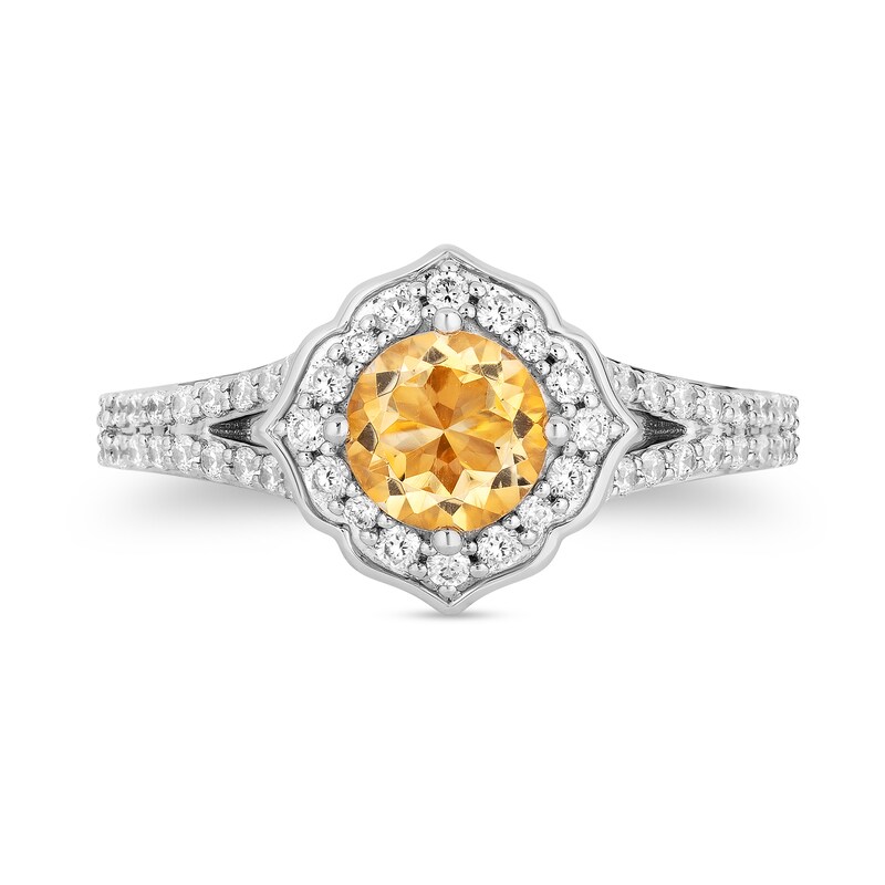 Main Image 4 of Enchanted Disney Belle Citrine and 1/2 CT. T.W. Diamond Floral Frame Split Shank Engagement Ring in 14K Two-Tone Gold
