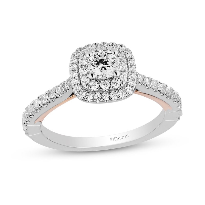 Main Image 1 of Enchanted Disney Snow White 3/4 CT. T.W. Diamond Double Cushion-Shaped Frame Engagement Ring in 14K Two-Tone Gold