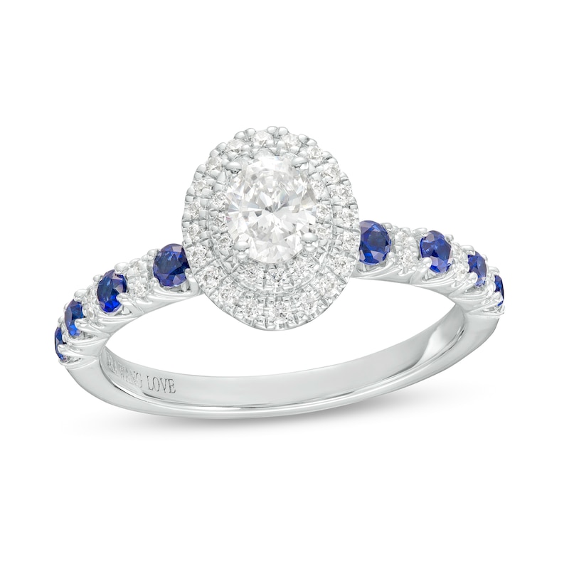 Vera Wang Love Collection 1/2 CT. T.W. Oval Diamond and Blue Sapphire Frame Engagement Ring in 14K White Gold