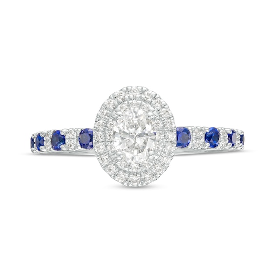 Vera Wang Love Collection 1/2 CT. T.w. Oval Diamond and Blue Sapphire Frame Engagement Ring in 14K White Gold
