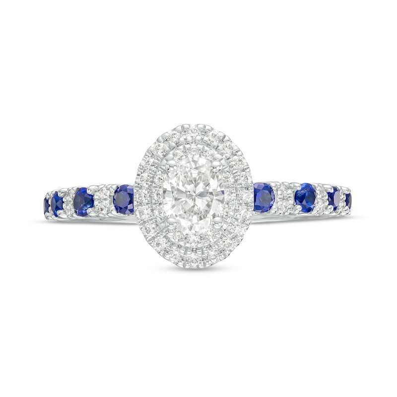 Vera Wang Love Collection 1/2 CT. T.W. Oval Diamond and Blue Sapphire Frame Engagement Ring in 14K White Gold
