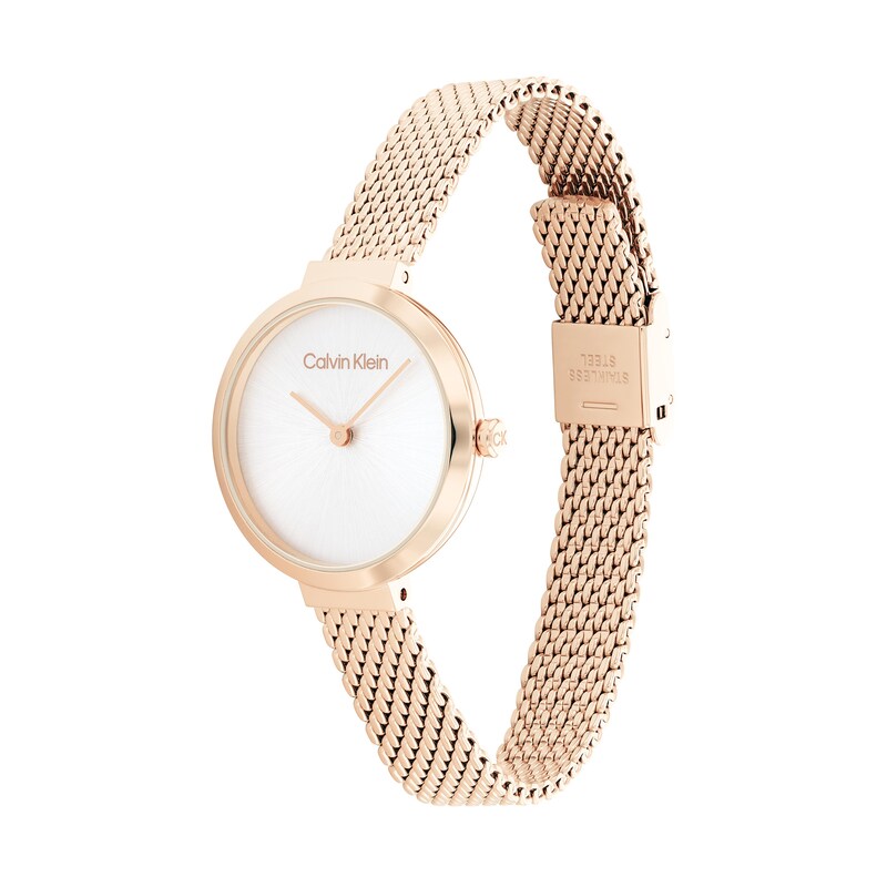 Ladies' Calvin Klein Rose-Tone IP Mesh Watch with White Dial (Model: 25200083)