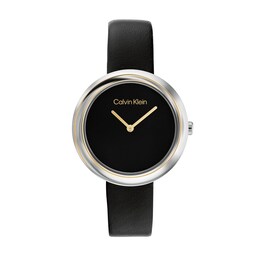 Ladies' Calvin Klein Two-Tone IP Black Leather Strap Watch with Black Dial (Model: 25200093)