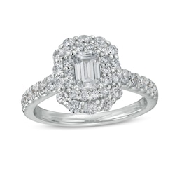 1-1/2 CT. T.W. Certified Emerald-Cut Diamond Double Scallop Frame Engagement Ring in 14K White Gold (I/SI2)