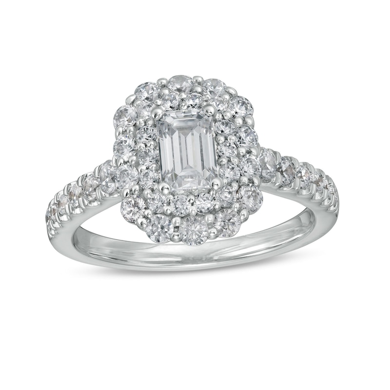 Main Image 1 of 1-1/2 CT. T.W. Certified Emerald-Cut Diamond Double Scallop Frame Engagement Ring in 14K White Gold (I/SI2)