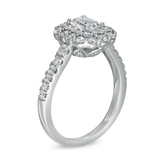 1-1/2 CT. T.w. Certified Emerald-Cut Diamond Double Scallop Frame Engagement Ring in 14K White Gold (I/Si2)