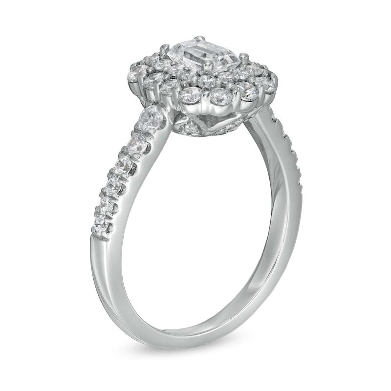 Main Image 3 of 1-1/2 CT. T.W. Certified Emerald-Cut Diamond Double Scallop Frame Engagement Ring in 14K White Gold (I/SI2)