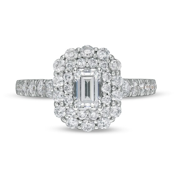 1-1/2 CT. T.w. Certified Emerald-Cut Diamond Double Scallop Frame Engagement Ring in 14K White Gold (I/Si2)