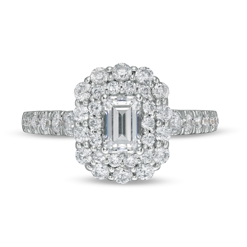 Main Image 4 of 1-1/2 CT. T.W. Certified Emerald-Cut Diamond Double Scallop Frame Engagement Ring in 14K White Gold (I/SI2)