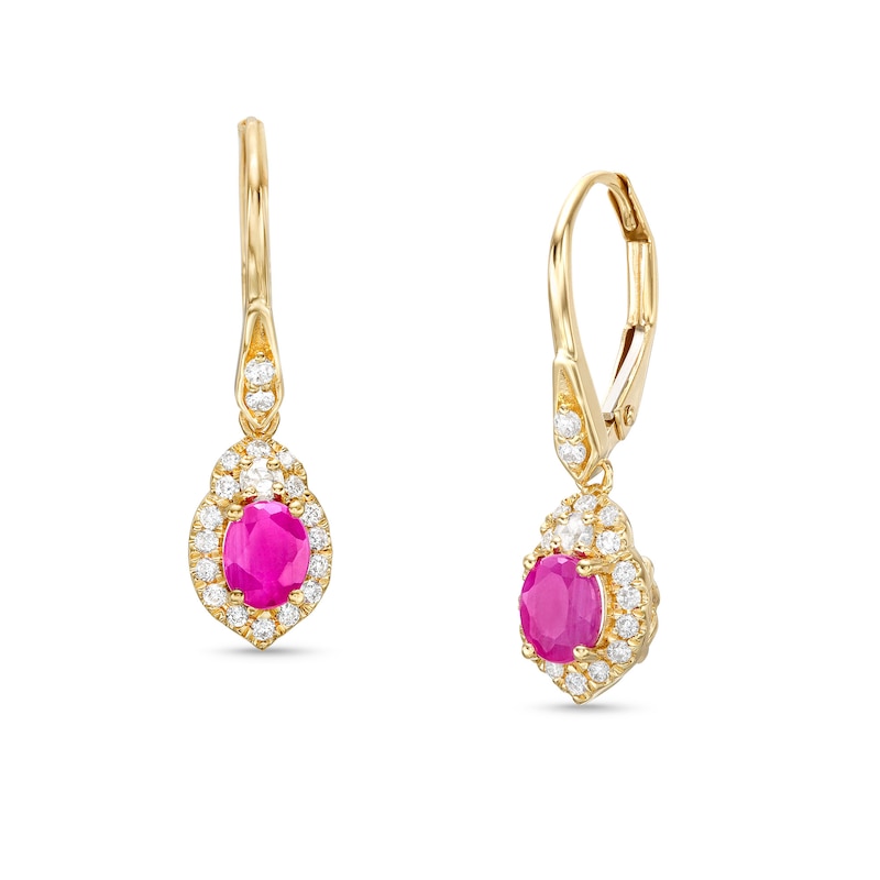 Main Image 1 of Oval Ruby and 1/3 CT. T.W. Diamond Frame Drop Earrings in 10K Gold