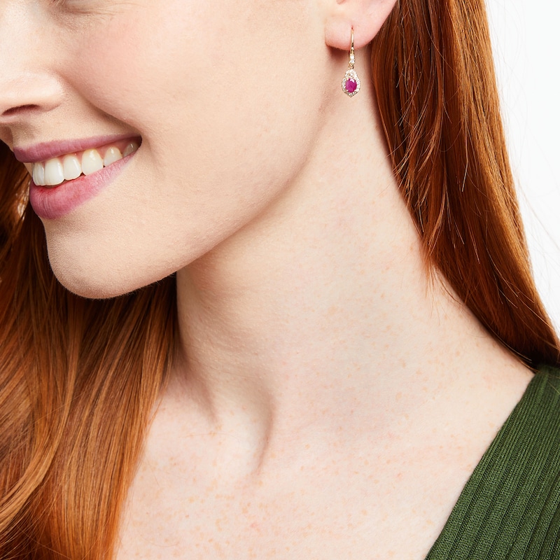 Main Image 2 of Oval Ruby and 1/3 CT. T.W. Diamond Frame Drop Earrings in 10K Gold