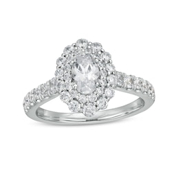 1-1/2 CT. T.W. Certified Oval Diamond Double Scallop Frame Engagement Ring in 14K White Gold (I/SI2)