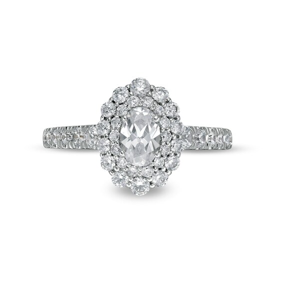 1-1/2 CT. T.w. Certified Oval Diamond Double Scallop Frame Engagement Ring in 14K White Gold (I/Si2)