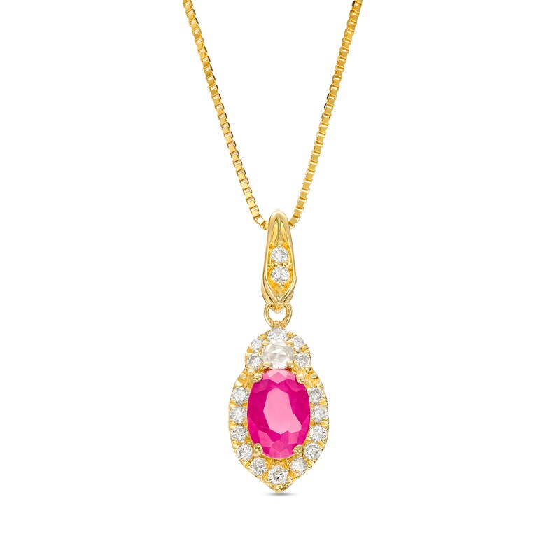 Main Image 1 of Oval Ruby and 1/6 CT. T.W. Diamond Frame Pendant in 10K Gold