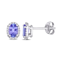 Oval Tanzanite and 1/15 CT. T.W. Diamond Frame Stud Earrings in 10K White Gold