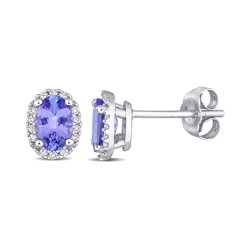 Main Image 1 of Oval Tanzanite and 1/15 CT. T.W. Diamond Frame Stud Earrings in 10K White Gold