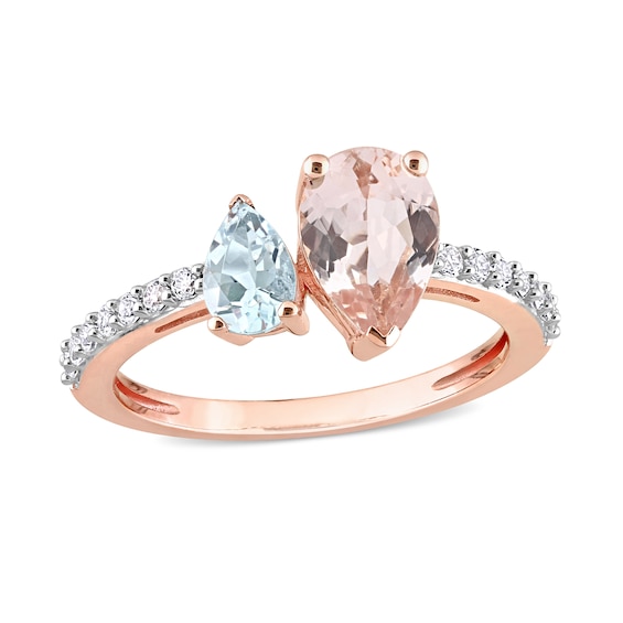 Pear-Shaped Morganite, Aquamarine, and White Topaz Toi et Moi Ring 10K Rose Gold