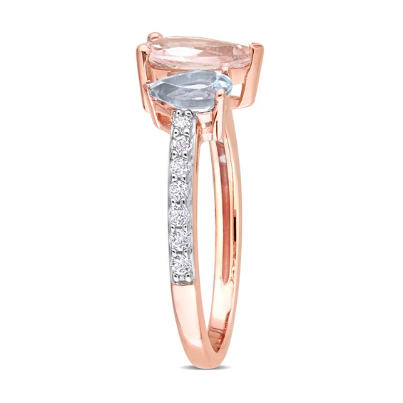 Pear-Shaped Morganite, Aquamarine, and White Topaz Toi et Moi Ring 10K Rose Gold