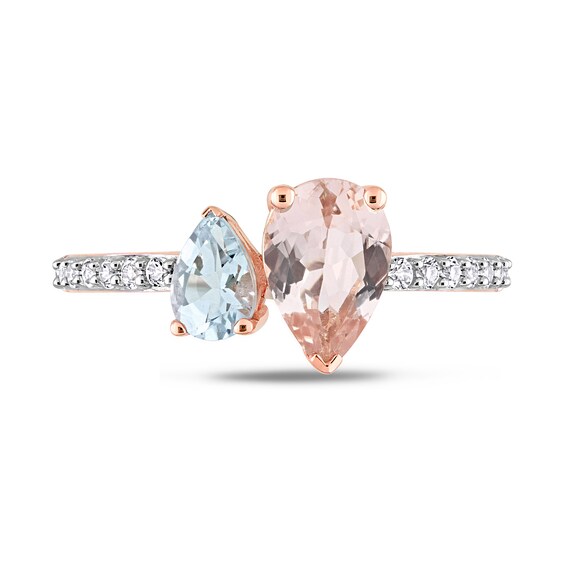 Pear-Shaped Morganite, Aquamarine, and White Topaz Toi et Moi Ring 10K Rose Gold