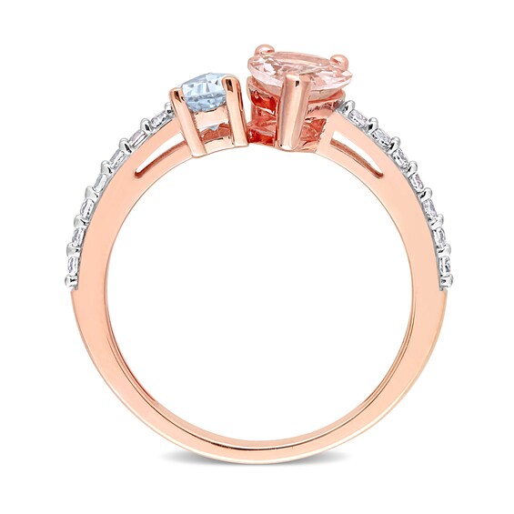 Pear-Shaped Morganite, Aquamarine, and White Topaz Toi et Moi Ring 10K Rose Gold