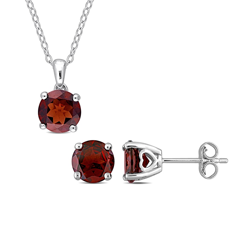 Main Image 1 of 7.0mm Garnet Solitaire Pendant and Stud Earrings Set in Sterling Silver