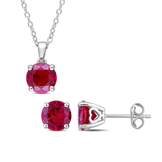 7.0mm Lab-Created Ruby Solitaire Pendant and Stud Earrings Set in Sterling Silver