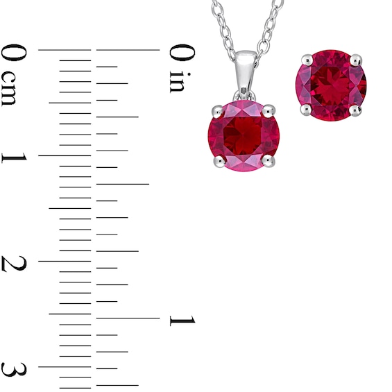 7.0mm Lab-Created Ruby Solitaire Pendant and Stud Earrings Set in Sterling Silver