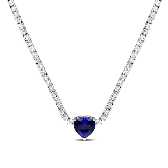 10.0mm Heart-Shaped Blue Lab-Created Sapphire and White Lab-Created Sapphire Necklace in Sterling Silver - 15"