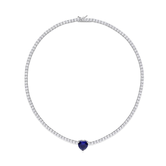 10.0mm Heart-Shaped Blue Lab-Created Sapphire and White Lab-Created Sapphire Necklace in Sterling Silver - 15"