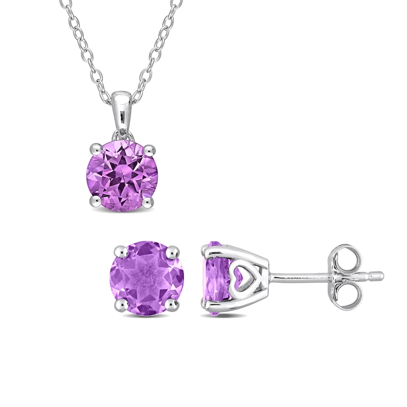 Main Image 1 of 7.0mm Amethyst Solitaire Pendant and Stud Earrings Set in Sterling Silver