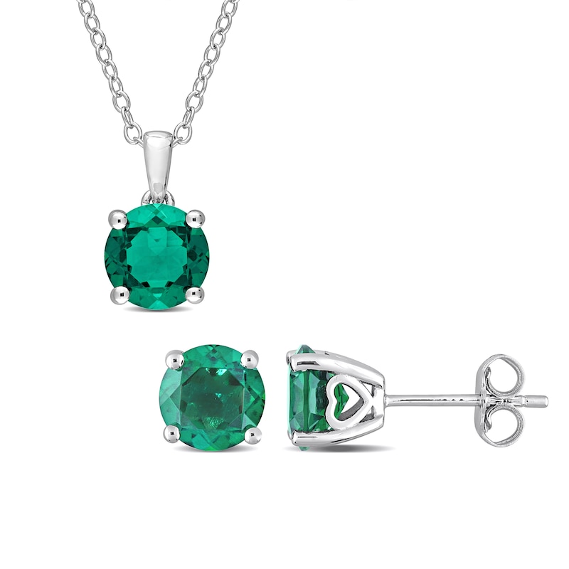 Main Image 1 of 7.0mm Lab-Created Emerald Solitaire Pendant and Stud Earrings Set in Sterling Silver
