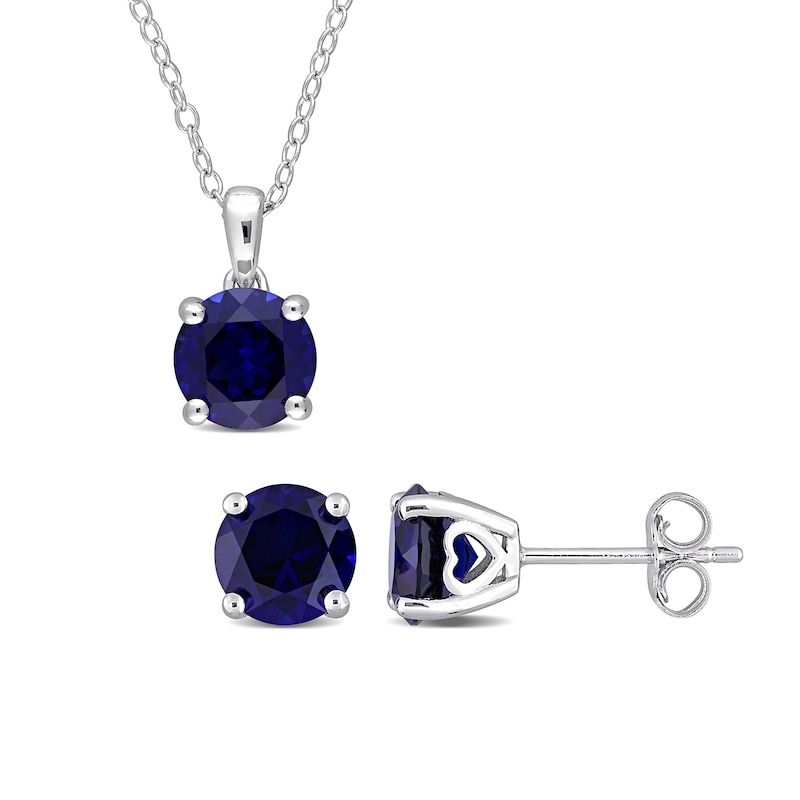 Main Image 1 of 7.0mm Blue Lab-Created Sapphire Solitaire Pendant and Stud Earrings Set in Sterling Silver