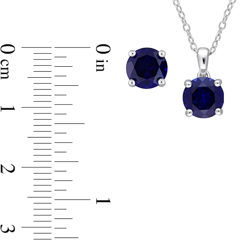 Main Image 5 of 7.0mm Blue Lab-Created Sapphire Solitaire Pendant and Stud Earrings Set in Sterling Silver