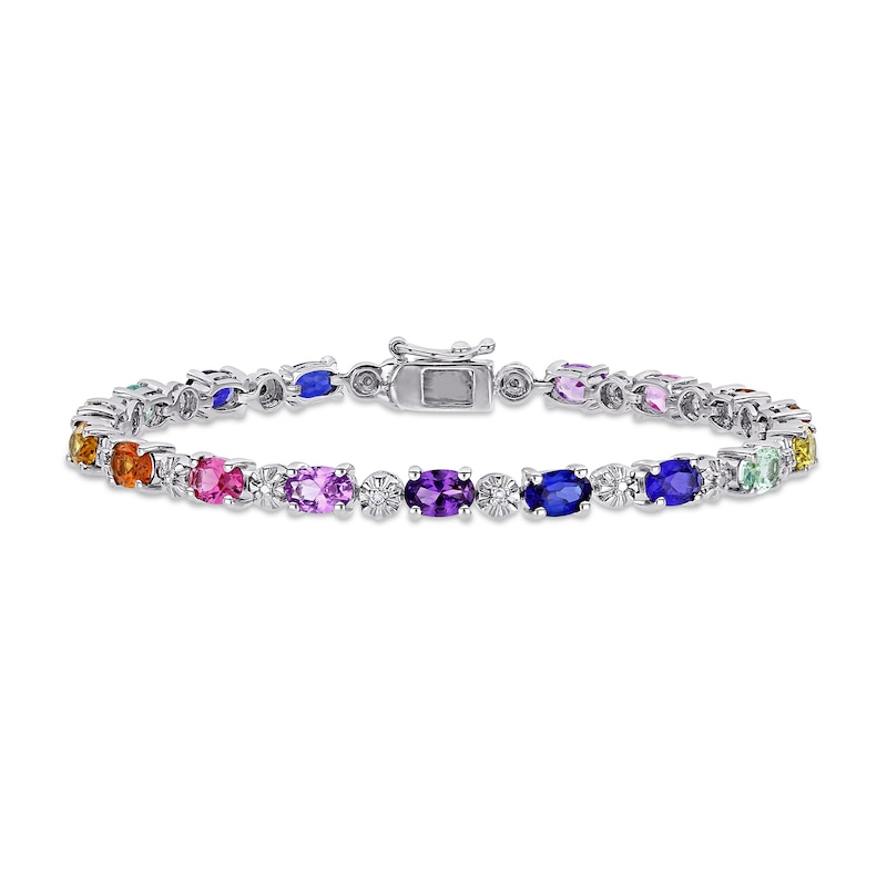 Oval Multi-Color Lab-Created Sapphire and Diamond Accent Alternating Rainbow Line Bracelet in Sterling Silver - 7.25"