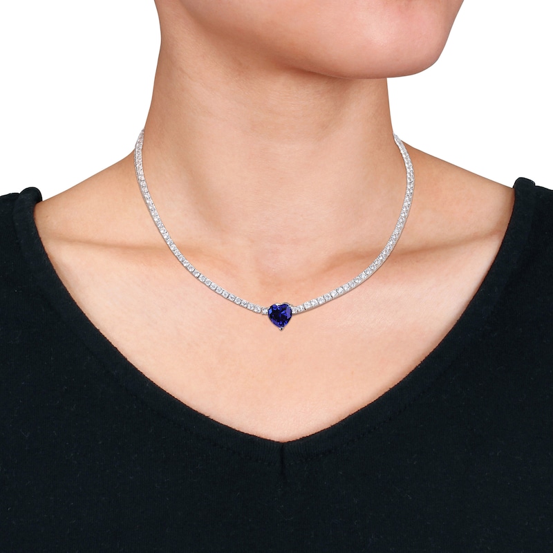 Main Image 2 of 10.0mm Heart-Shaped Blue Lab-Created Sapphire and White Lab-Created Sapphire Necklace in Sterling Silver - 15"