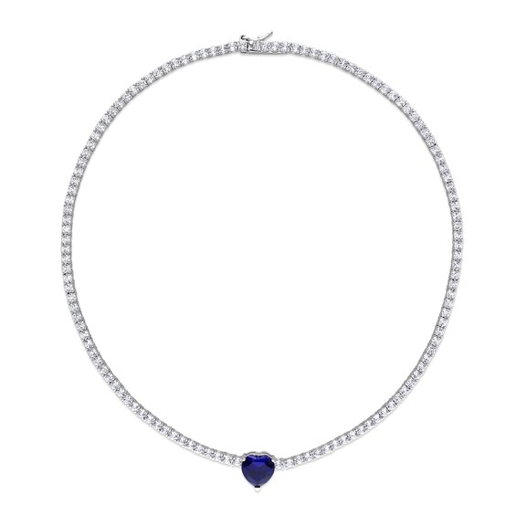 10.0mm Heart-Shaped Blue Lab-Created Sapphire and White Lab-Created Sapphire Necklace in Sterling Silver - 15"