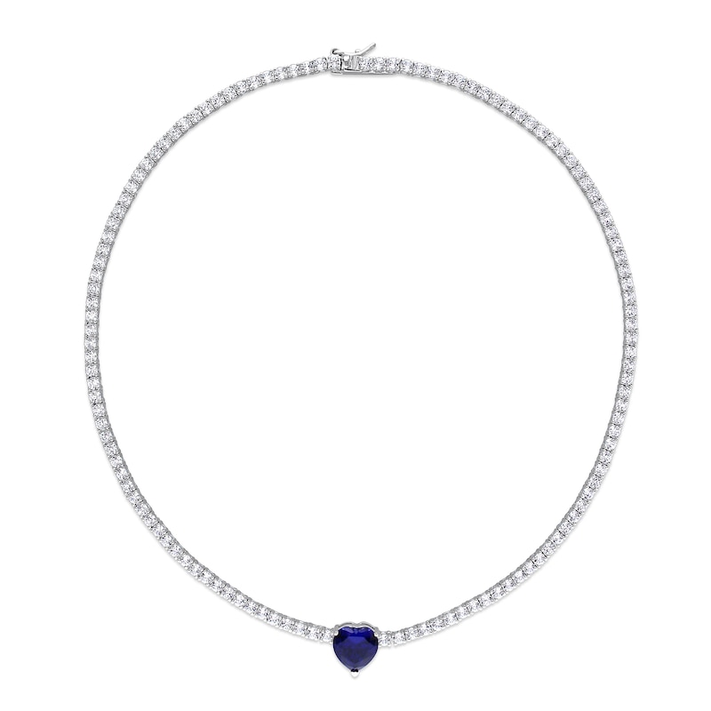 Main Image 3 of 10.0mm Heart-Shaped Blue Lab-Created Sapphire and White Lab-Created Sapphire Necklace in Sterling Silver - 15"