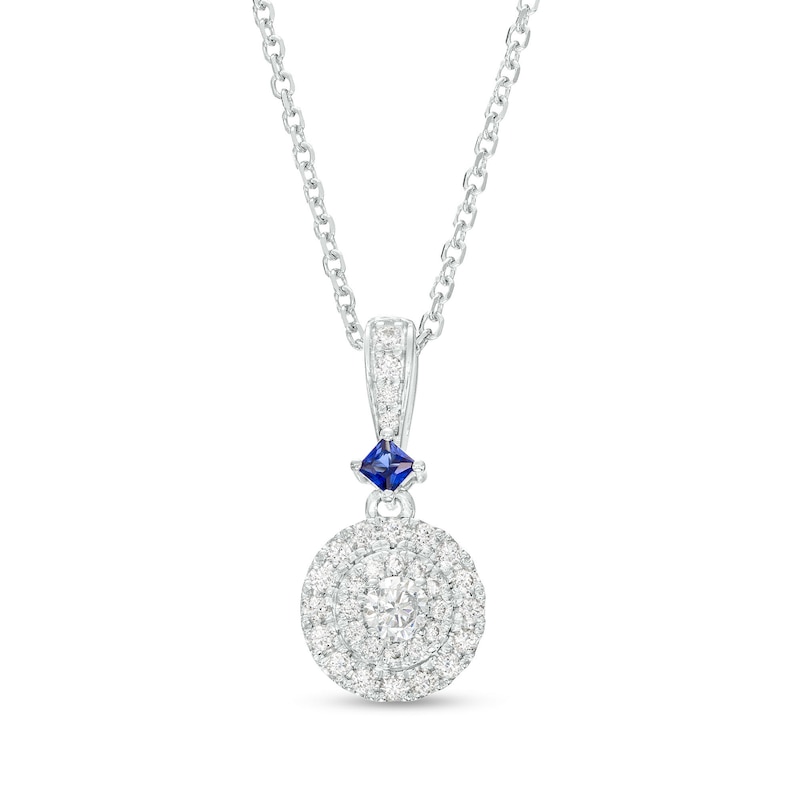 Main Image 1 of Vera Wang Love Collection 1/4 CT. T.W. Multi-Diamond and Princess-Cut Blue Sapphire Pendant in 10K White Gold - 19"