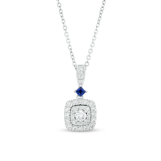 Vera Wang Love Collection 1/4 CT. T.w. Cushion-Shaped Multi-Diamond and Blue Sapphire Pendant in 10K White Gold - 19"