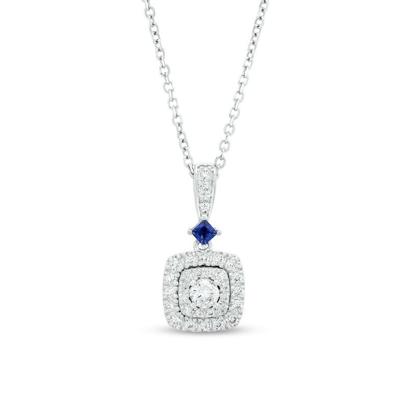 Main Image 1 of Vera Wang Love Collection 1/4 CT. T.W. Cushion-Shaped Multi-Diamond and Blue Sapphire Pendant in 10K White Gold - 19"