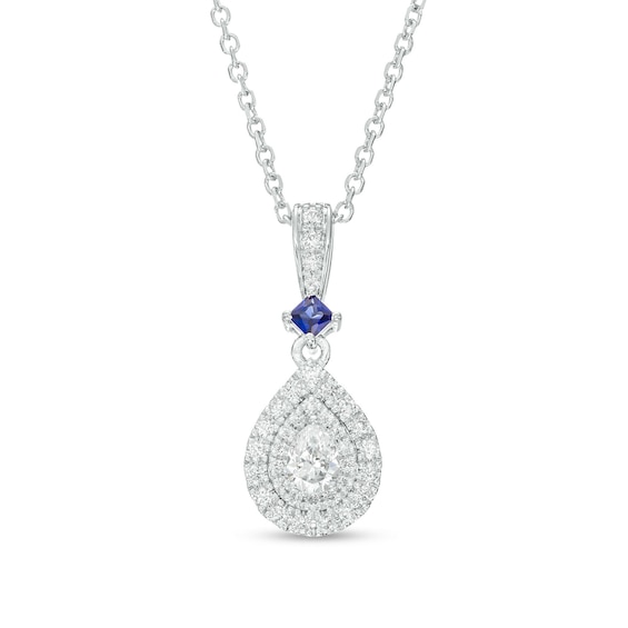 Vera Wang Love Collection 1/4 CT. T.w. Pear-Shaped Diamond and Blue Sapphire Pendant in 10K White Gold - 19"