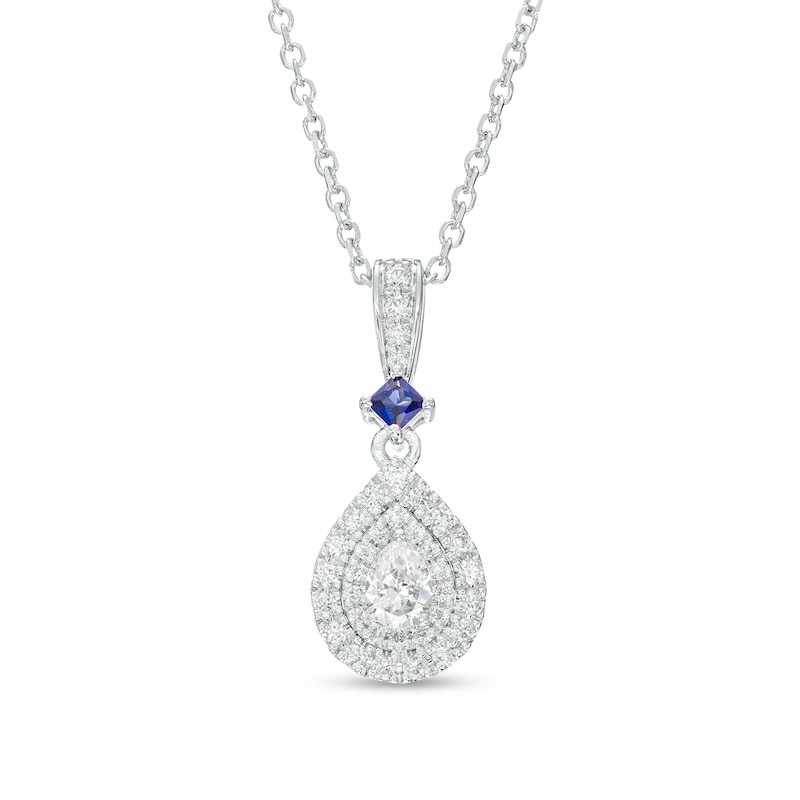 Main Image 1 of Vera Wang Love Collection 1/4 CT. T.W. Pear-Shaped Diamond and Blue Sapphire Pendant in 10K White Gold - 19"