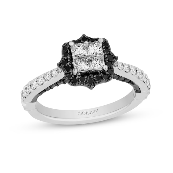 Enchanted Disney Villains Maleficent Black and White Quad Princess-Cut Diamond Frame Engagement Ring in 14K White Gold