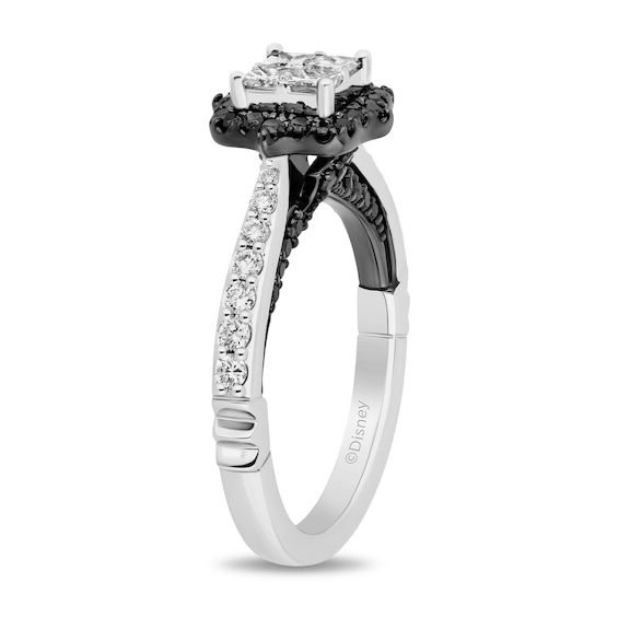 Enchanted Disney Villains Maleficent Black and White Quad Princess-Cut Diamond Frame Engagement Ring in 14K White Gold