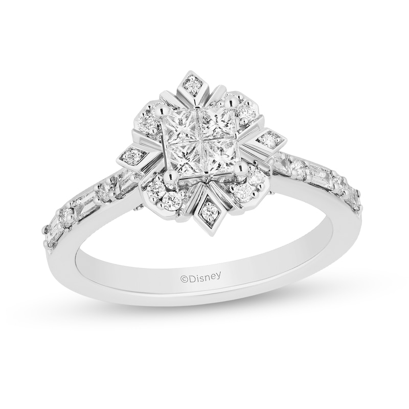 Main Image 1 of Enchanted Disney Elsa 5/8 CT. T.W. Quad Princess-Cut Diamond Frame Snowflake Engagement Ring in 14K White Gold