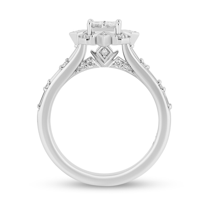 Main Image 3 of Enchanted Disney Elsa 5/8 CT. T.W. Quad Princess-Cut Diamond Frame Snowflake Engagement Ring in 14K White Gold