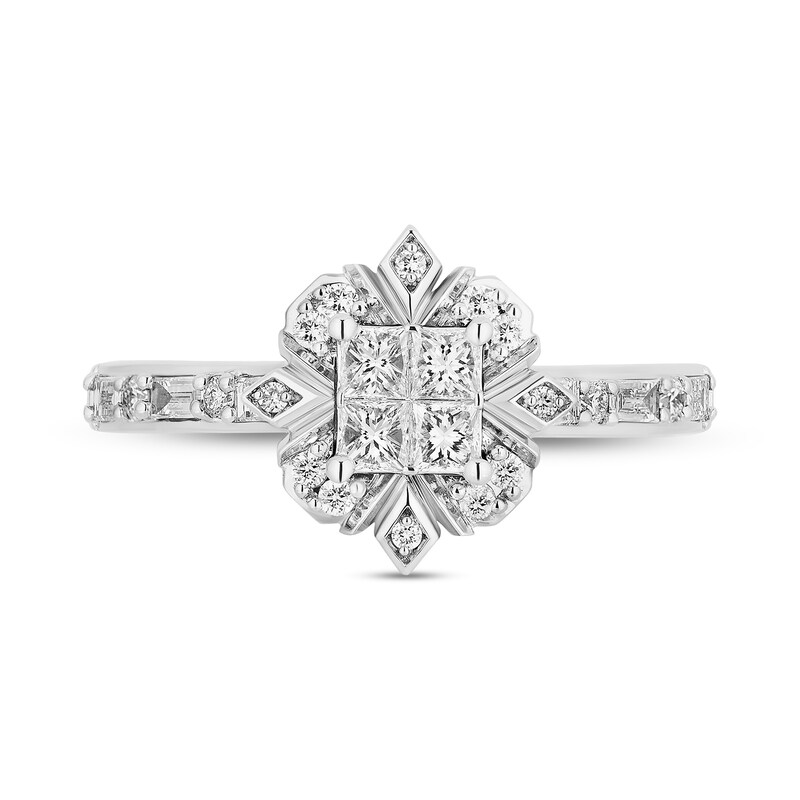 Main Image 4 of Enchanted Disney Elsa 5/8 CT. T.W. Quad Princess-Cut Diamond Frame Snowflake Engagement Ring in 14K White Gold