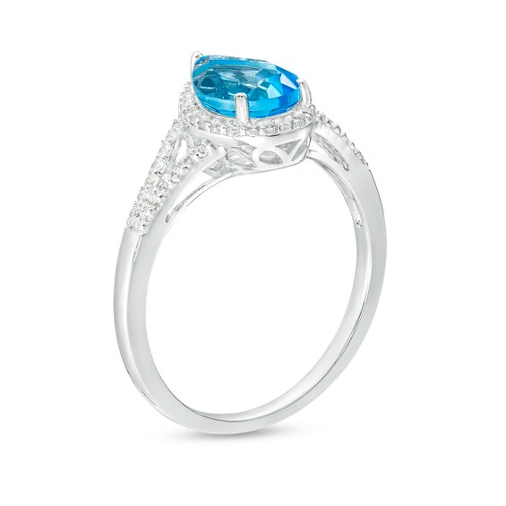 Pear-Shaped Swiss Blue Topaz and White Lab-Created Sapphire Frame Split Shank Ring in Sterling Silver