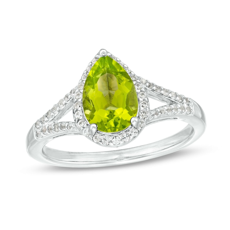 Main Image 1 of Pear-Shaped Peridot and White Lab-Created Sapphire Frame Split Shank Ring in Sterling Silver